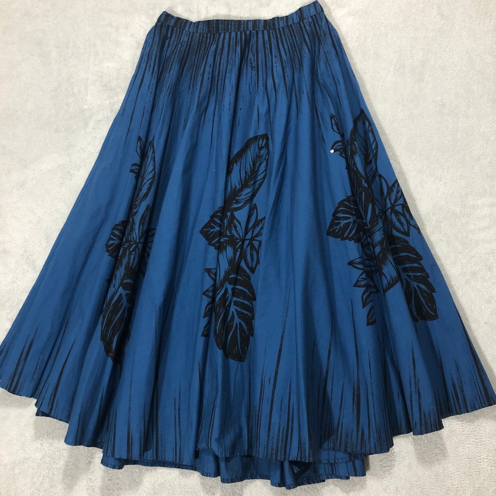 Coldwater Creek Vintage Full Skirt Hawaiian Print Blue Black Tropical Size M